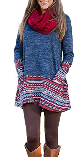 Women's Fall Winter Long Sleeve Geometric Print Tunic Top Shirts Casual  Blouse With Pockets (XL, Blue)