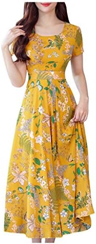 Wihoo Summer Women Fashion Summer Grace Mid-Calf Short Sleeve Beach Printing Dress A-Line Dresess