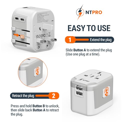 NTPRO Universal Travel Adapter-10A International Travel Adapter with 2 USB-C, 2 USB-A Ports (5-in-1), 5V-3.4A Fast Charging, Worldwide Plug Adapter for USA EU UK AUS, 2400W Max, Covers 200+ Countries