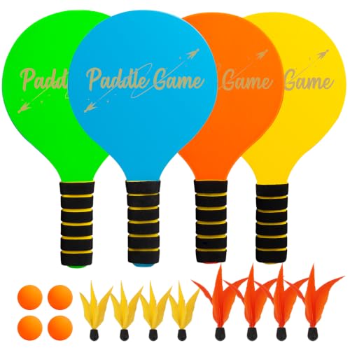 INPODAK Beach Bat and Ball Set, Wooden Paddle Ball for Swimming Pool, Kids Beach Ball Racket Set- 4 Paddles 8 Birdies 4 Balls, Garden Beach Game Toys for Family Boy Girls