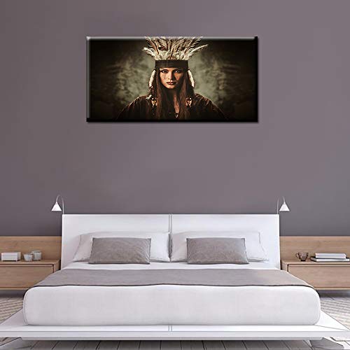 TUMOVO Canvas Wall Art Native American Indian Girl White Feather Woman in Traditional Indian Garment and Headdress Portrait Canvas Picture for Living Room Home Decor Frame Painting (24''Wx48''H) - Thumbnail 3