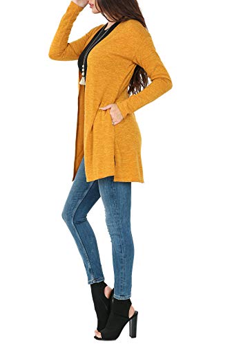 P1125 Womens Soft Open Front Long Sleeve Pockets Sweater Cardigan Mustard XL - Thumbnail 2