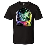 Space Cat Rainbow Astronaut Helmet Graphic T-Shirt Mens Short Sleeve Tee
