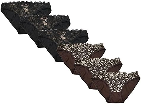 Jodi Gallaer Lingerie 6 Pack Womens Sexy Lace Design Bikini Underwear Panties (Small, Black/Brown)