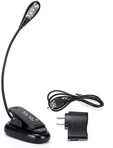SIXMU Rechargeable Book Light 4 LED Book Light, Easy Clip On Reading Light, AC Charger &amp; USB Cable Included, 2 Brightness Settings, Soft Padded Clamp.