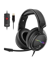 Jeecoo - Auriculares de diadema para PC (USB, sonido envolvente 7.1, con micrófono de cancelación de ruido, almohadillas de espuma viscoelástica, luces RGB)