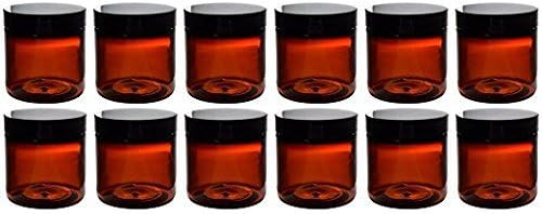 (Set of 12) Amber 4 Ounce Plastic Straight Sided Jars with Smooth Black Lids