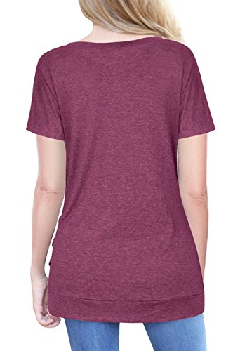 Anicco Button Down Shirts For Womens Casual Round Neck Loose Tunic Top Blouse Maroon-XL - Thumbnail 2