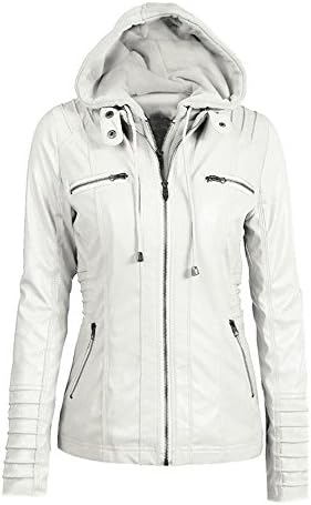 ONLYWOOD Women's attachable hooded moto biker zip up faux leather jackets 2016081905P94.5-W-US L(14) TAG 2XL