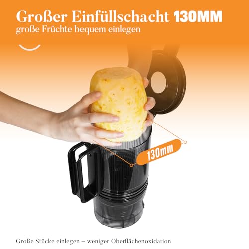 Aculya Life Slow Juicer, Large Opening of 130 mm, 1.9 L Capacity, 250 W, Forward/Reverse, High Yield, Easy to Clean with Brush, Matte Black