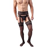 Sexy Men's Fishnet Garter Belt Stockings Sissy Thigh High Waist Tights Suspender Pantyhose