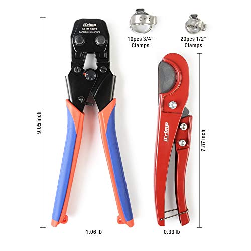 iCrimp Mini PEX Pipe Quick Cinch Tool Set for Stainless Steel Clamp from 3/8-inch to 1-inch-with Pex Cutter,20pcs 1/2-inch and 10pcs 3/4-inch Stainless Steel Clamps included