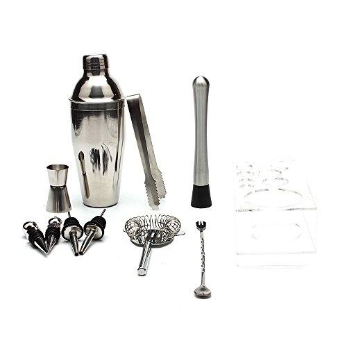 Fenleo Cocktail Shaker Set Bartender Kit with Acrylic Base by 18.8 oz Stainless Steel Shaker, Strainer,Muddler, Mixing Spoon,Ice Tongs, Jigger, 2 Liquor pourers,2 Wine stopper
