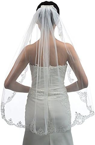 Itacazzo 1t 1Ties Sequin Lace Applique Edge Short Wedding Veil Lace Bride Veil 2016 (White)