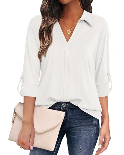 GAMISS LONG SLEEVE SHIRTS FOR WOMEN COLLARED BUSINESS TOPS OFFICE POLO V NECK SHIRT BEIGE, M