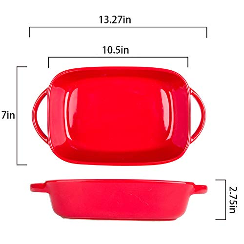 13.3-Inch Ceramic Glaze Baking Dish for Oven Roasting Lasagna Pan Large Casserole Bakeware with Handle Rectangular Dish, Red