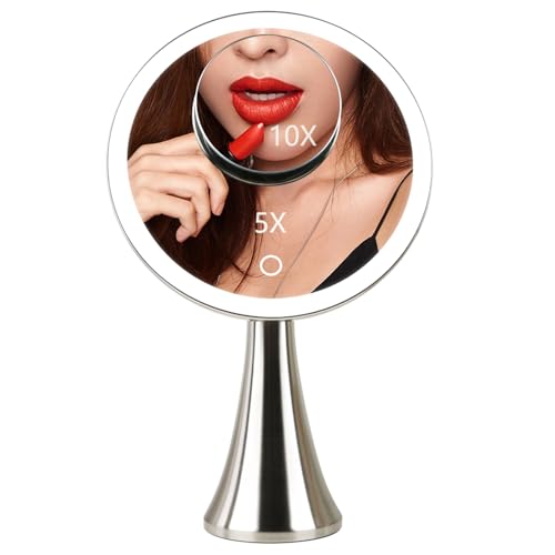 Surdy 9" Lighted Makeup Mirror, Vanity Mirror with Lights,4000 mAh Rechargeable,5x/10x Magnifying Mirror with 3 Color, Brightness Adjustable,360° Rotation Mirror, Women Gift