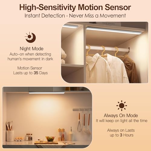 Quntis 40 cm LED Light Magnetic Cabinet with Motion Sensor, 186 LED 3 Colour 2500 mAh LED Lights Full Screen Kitchen, Under Cabinet Light for Cabinet, Hallway Basement, 2 Pieces