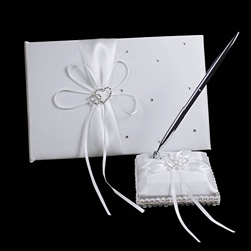 Youzpin 4Pcs Romantic Wedding Ceremony Party Favor Sets, Rhinestone Stain Ribbon Wedding Ring Pillow+ Girls Flower Basket +Guest Book + Pen for Elegant Wedding Party