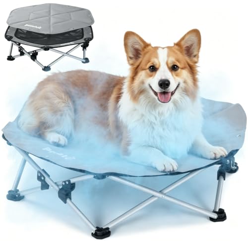 pecute Dog Cooling Mat on Elevated Dog Bed, 3-Sec Pop-Up No-Assembly Raised Dog Bed for Outdoor Camping, Raised Pet Cot with Cooling Mat for Dogs, Holds 60kg, Breathable Cooling Dog Bed,L,Dia 75cm