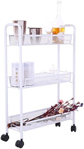 3-Tier Slim Storage Cart โ Slide Out Metal Mesh Rolling Tower for Narrow Space Organization of Laundry, Bathroom, Kitchen, Pet Closet โ White (2017 Advanced Version)