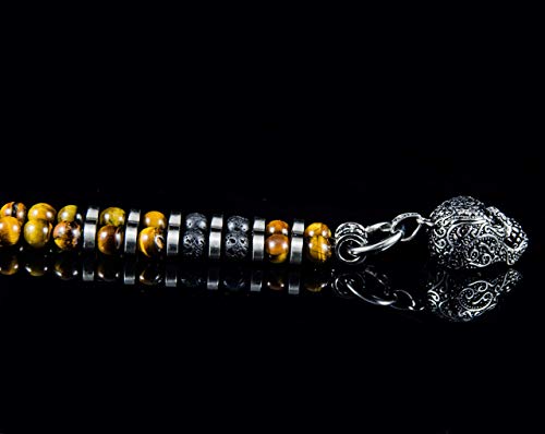 Handgefertigte Halskette Rosenkranz Totenkopf Kette für Männer Herren aus Lava Vulkan Tigerauge Halbedelstein Bikerkette aus Edelstahl Y Kette Unisex – Bild 8