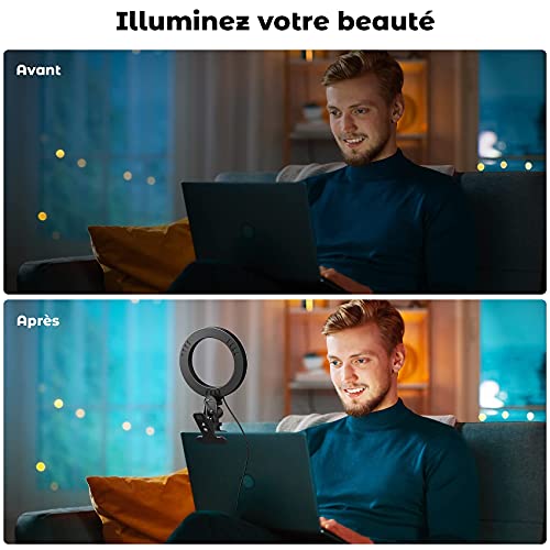 U UZOPI Ring Light avec Trépied, 6.3\'\' Anneau Lumineux avec Clip, Selfie Ring Light avec 3 Couleurs et 10 Niveaux pour Maquillage/Youtube/Tiktok/Vidéoconférence