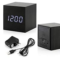 GEARONIC TM Wooden Alarm Clock, LED Square Cube Digital Alarm Thermometer Timer Calendar Brighter LED -Black