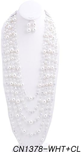 {CN1378 StyleNo1} WOMEN'S FASHIONABLE PEARL N CRYSTAL MULTI-LAYERED NECKLACE AND EARRINGS SET - Designed In USA (WHITE CLEAR)