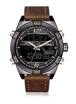 NAVIFORCE Genuine Leather Brown Chronograph Analog Digital Wristwatch for Men + Free Kids Sports Watch