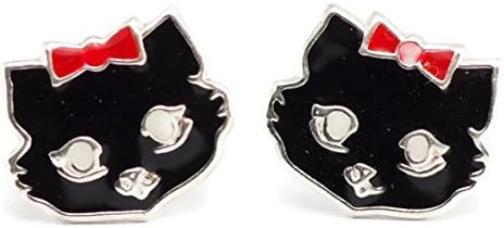 925 Sterling Silver Earrings Enamel Cat (1 Pair) (black)