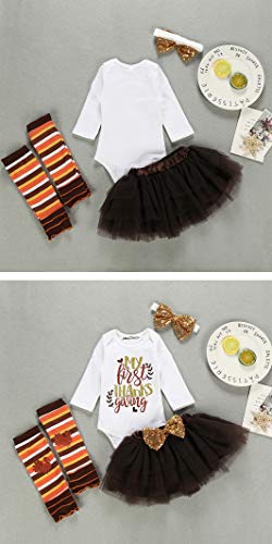 Baby Girl Thanksgiving Outfits Skirt Set Romper Tutu Dress Headband Leg Warmers 4PCS Romper for Newborn Toddler Infant (White, 9-12 Monthsï¼ˆ100ï¼‰)