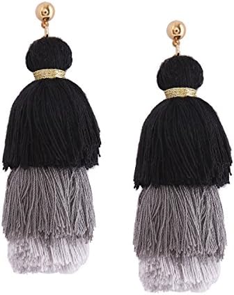 Miuone Multi Layered Tassel Earrings Tiered Thread Tassel Dangle Earrings-Black+Grey