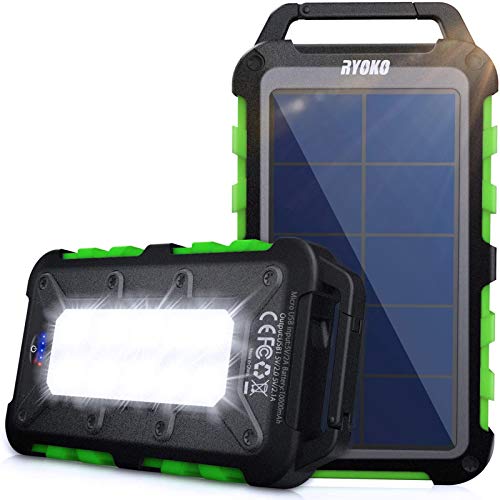 Solar Power Bank 10000mah, Ryoko Portable Solar Charger Ipx4 Waterproof