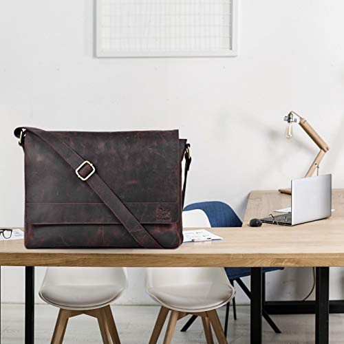 Leather Messenger Bag 15 Inch Laptop Bag Office Briefcase for Men and