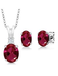 3,48 ct óvalo rojo rubí plata de ley 925 colgante arete Set Cadena de 18"