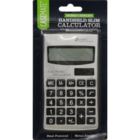 Casemate Handheld Slim Electronic Basic Calculator. 8-Digit Display, Dual Electric Powered (Solar Or Battery), Metal Finish.