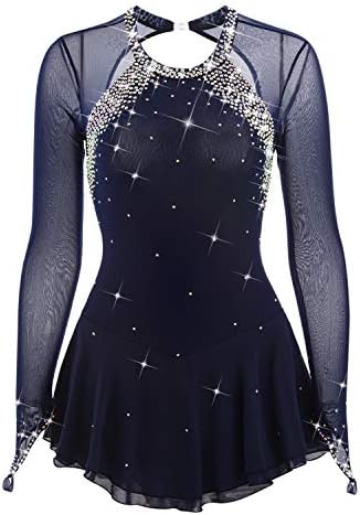 Skating Queen Figure Skating Dress for Girls Women Ice Skating Competition Performance Costume Rhinestone Handmade Professional Elastic Breathable Skating Wear Long Sleeves Dark Blue