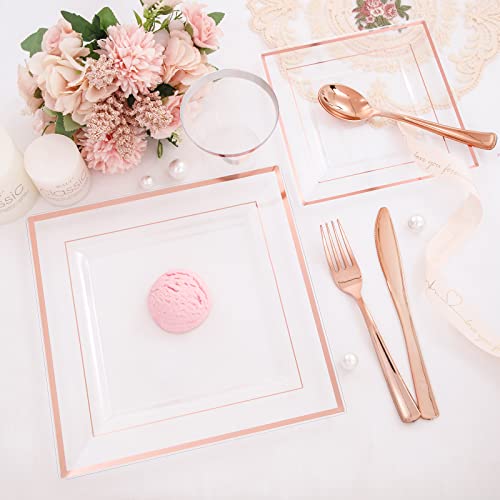 WELLIFE 150 Pieces Rose Gold Square Plastic Plates with Silverware and