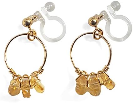 Gemstone Yellow Citrine Drop Clip On Earrings Gold tone Hoops Miyabi Grace