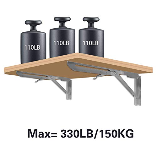 Folding Shelf Brackets 14 Inch CESHUMD Heavy Duty Stainless Steel Collapsible Wall Mounted Shelf Bracket Space Saving for Table Work Bench, 2pcs with Screws