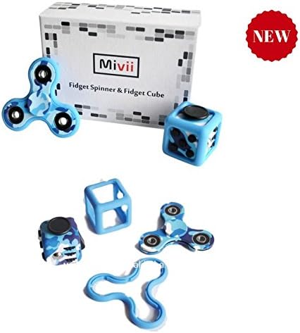 Mivii Fidget Bundle set with SILICONE COVER PROTECTOR-(Camouflage Blue) Cube and Fidget Hand Tri Spinner- Antianxiety – Stress reductor toy for adults and childrens. GIFT BOX PACKAGING