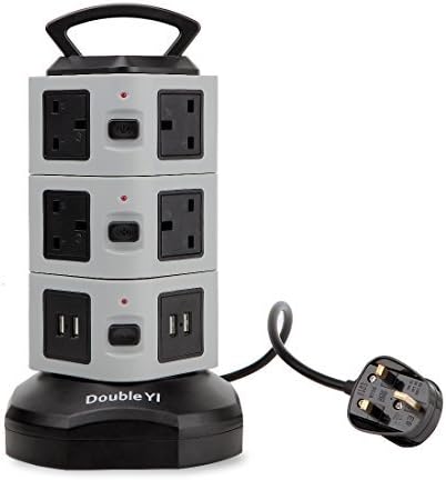 DoubleYI Extension Lead 4-USB Charging Port Surge Protection 10-Socket Extension Tower Power Strip with Retractable 3m/9.8Ft Power Extension Cord Lead and Switch
