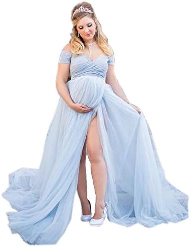 Ike Chimbandi Women's Maternity Dress Photo Shoot Pregnancy Maxi Dresses (M, Light Blue)