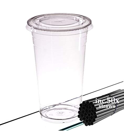 AIOS 50 x Re-usable Takeaway Cups with lids. 400ml/12oz. Includes compostable Straws pk50. for Drinks on The Move, Parties, Camping, picnics, Garden, Home & fits car Holders. for iced or hot Drinks.