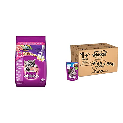 Whiskas Kitten (2-12 Months) Dry Cat Food, Mackerel Flavour, 1.1kg Pack & Kitten (2-12 Months) Wet Cat Food, Tuna in Jelly Monthly Pack, 48 Pouches (48 x 85g)
