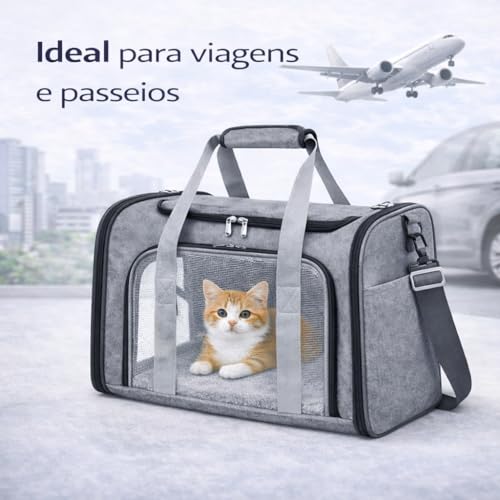 Bolsa de Transporte para Pets Grande em Poliéster com Tela Respirável, Cinza, 45x31x28cm, Aprovada para Avião, com Tapete Almofadado e Alça Ajustável