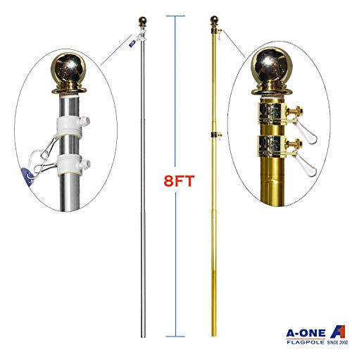 A-ONE 8FT Telescopic Indoor Flagpole Kit, Heavy Duty US Telescoping Aluminum Flag Pole with Ball, Golden