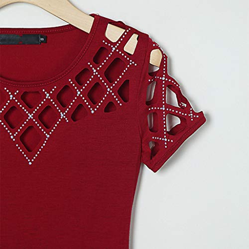 Farmerl Womens Tee O-Neck Short Sleeve Hollow Out Bling Nail Beading Casual Tops Wine - Thumbnail 5