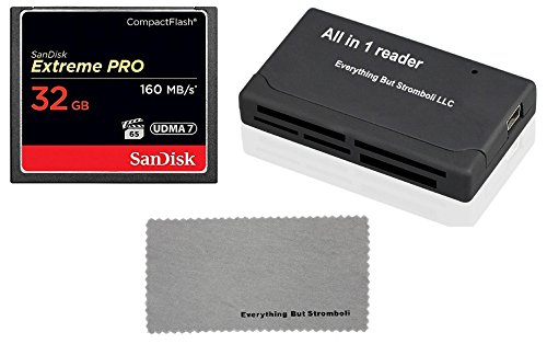 SanDisk Extreme Pro 32GB CompactFlash CF Memory Card works with Canon EOS 5D Mark II, 7D, DSLR Camera HD UDMA 7 (SDCFXPS-032G-X46) with Everything But Stromboli (TM) Microfiber Cloth and Combo Reader (Best Cf Card For Canon 5d Mark Ii)